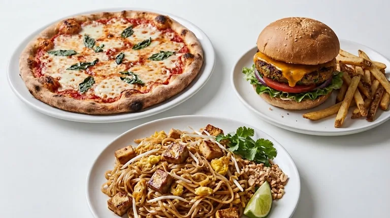 Cheese pizza, veggie burger and pad thai